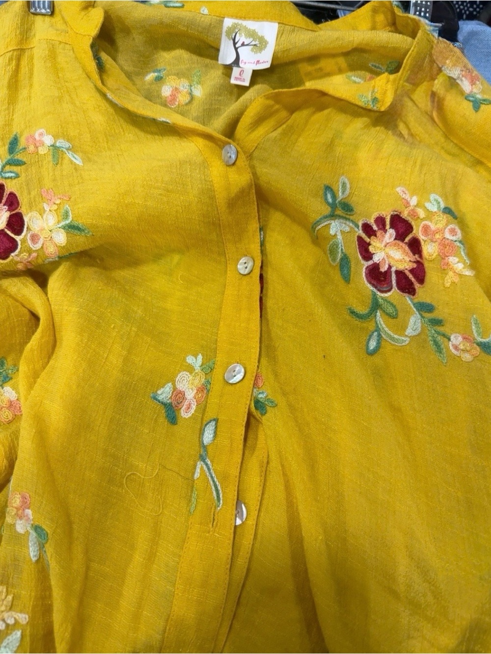 Anthropology brand fig and flower Mustard Yellow Embroidered Button-Front Blouse